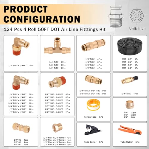 CheeMuii 124 PCS Brass DOT Air Line Fittings with 4 Roll 50FT 18 14 38 12 DOT Air Lines Kit Push Lock Air Fitting Quick Connect Air Fittings with Air Hose Pneumatic Tubing - Image 3