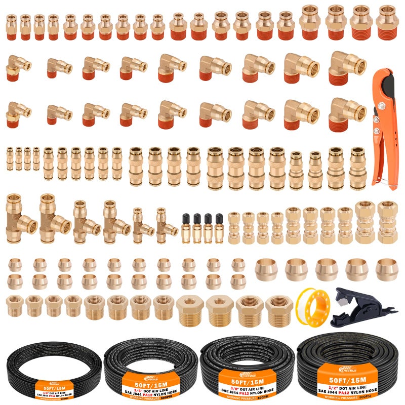 CheeMuii 124 PCS Brass DOT Air Line Fittings with 4 Roll 50FT 18 14 38 12 DOT Air Lines Kit Push Lock Air Fitting Quick Connect Air Fittings with Air Hose Pneumatic Tubing - Image 2