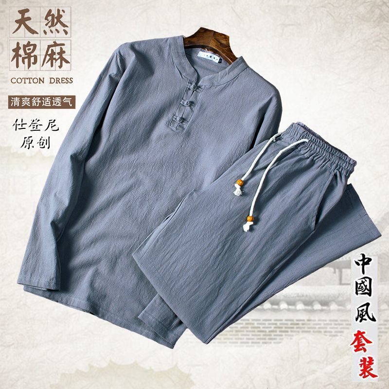 Mens Linen Suit Set Chinese Style Comfort Fit Grey (Long Sleeve Trousers) 