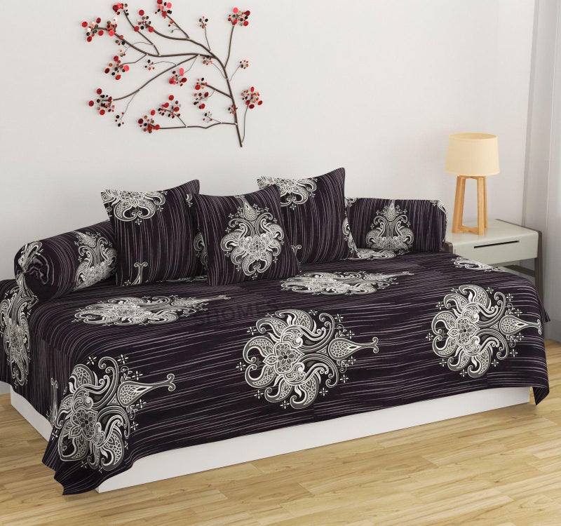 SHOMES 100% Cotton Feel Floral Printed Diwan Set Covers 6 Pieces - 1 Single Bed Sheet (60 X 90) with 3 Cushion (16 X 16), 2 Bolster Covers (16 X 32) - Wine Floral - Image 1