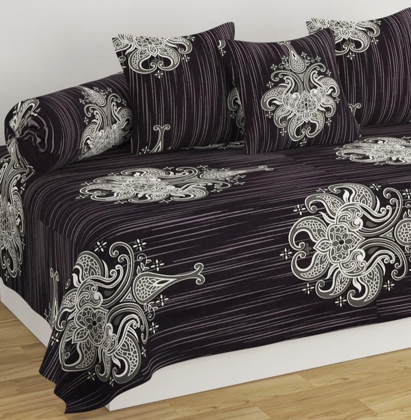 SHOMES 100% Cotton Feel Floral Printed Diwan Set Covers 6 Pieces - 1 Single Bed Sheet (60 X 90) with 3 Cushion (16 X 16), 2 Bolster Covers (16 X 32) - Wine Floral - Image 2