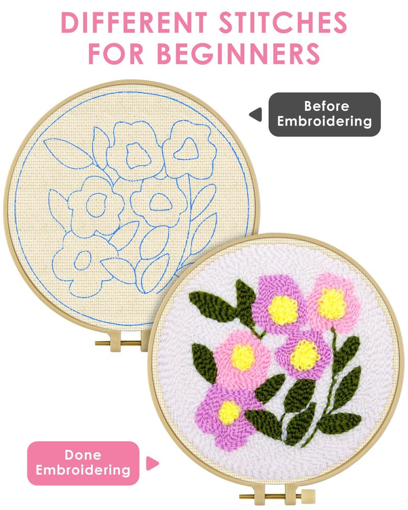 TINDTOP Punch Needle Kits, Flowers Punch Embroidery Kits for Adults Beginner, Tool with Punch Needle Fabric, Hoops, Yarns and Sewing Needles - Image 3