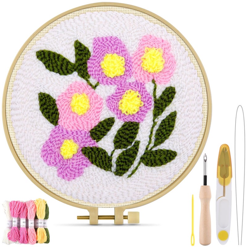 TINDTOP Punch Needle Kits, Flowers Punch Embroidery Kits for Adults Beginner, Tool with Punch Needle Fabric, Hoops, Yarns and Sewing Needles - Image 1