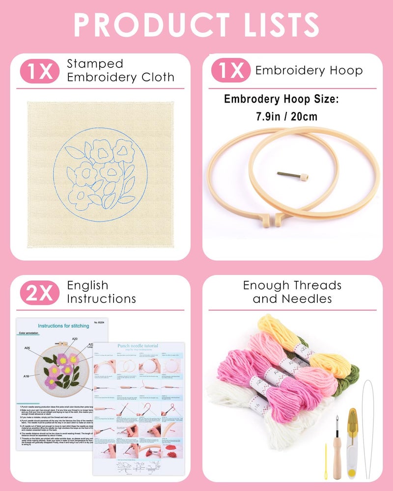 TINDTOP Punch Needle Kits, Flowers Punch Embroidery Kits for Adults Beginner, Tool with Punch Needle Fabric, Hoops, Yarns and Sewing Needles - Image 2