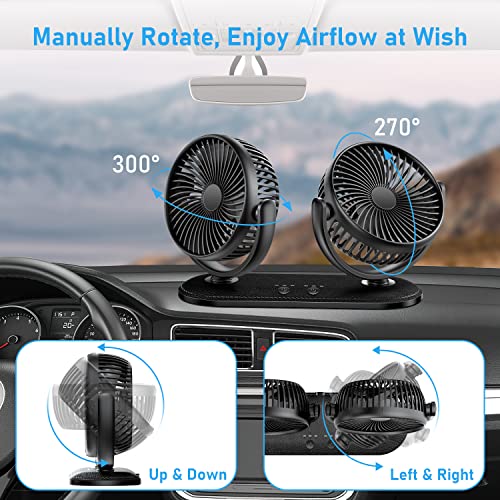 TriPole مروحة سيارة TriPole 12V / 24V محمولة للتبريد برأسين دوارين للمركبات الكهربائية للسيارة والشاحنة وSUV وRV والفان والقارب وعربة الجولف - 3 سرعات، هواء قوي وتدوير الهواء - Image 5