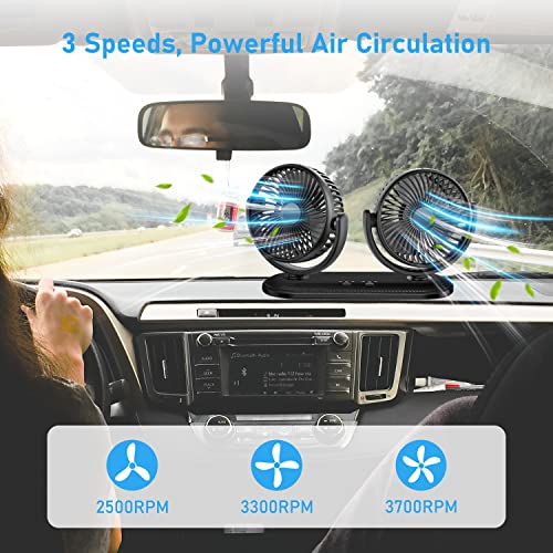 TriPole مروحة سيارة TriPole 12V / 24V محمولة للتبريد برأسين دوارين للمركبات الكهربائية للسيارة والشاحنة وSUV وRV والفان والقارب وعربة الجولف - 3 سرعات، هواء قوي وتدوير الهواء - Image 3
