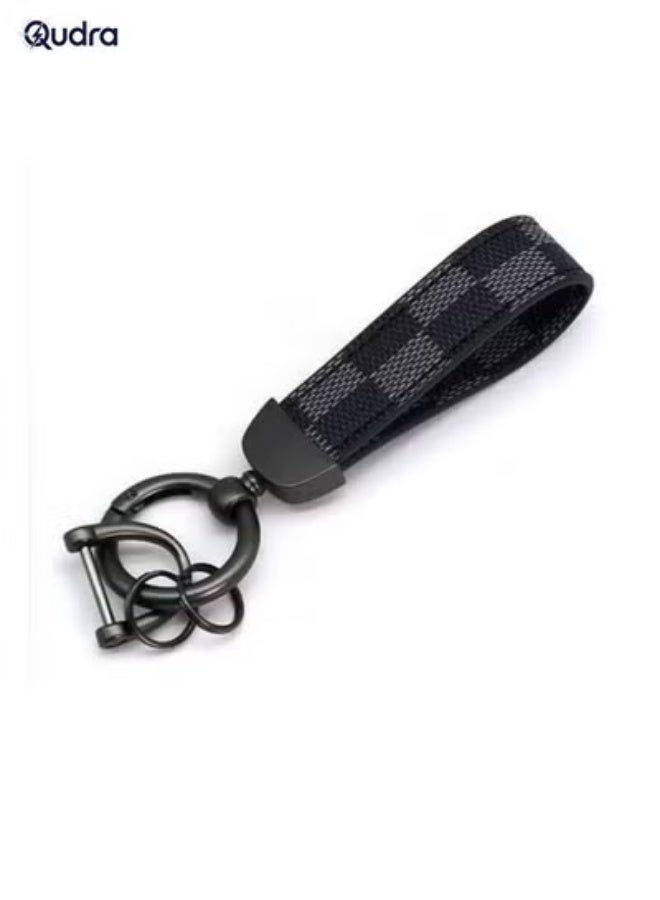 Premium PU Leather Keychain for Car Keys – Plaid Leather Design with Zinc Alloy 360° Rotating Ring, Universal Wrist Strap Key Holder for Car, School Bag & Accessories, Black - Image 1