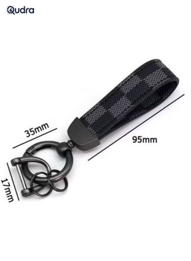 Premium PU Leather Keychain for Car Keys – Plaid Leather Design with Zinc Alloy 360° Rotating Ring, Universal Wrist Strap Key Holder for Car, School Bag & Accessories, Black - Image 2