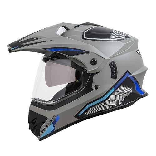 Steelbird Racer Off Road ISI Certified Motocross Double Visor Full Face Graphic Helmet Outer Clear Visor And Inner Silver Sun Shield (Large 600 MM, Glossy Titanium Grey Blue),Motorcycling - Image 1