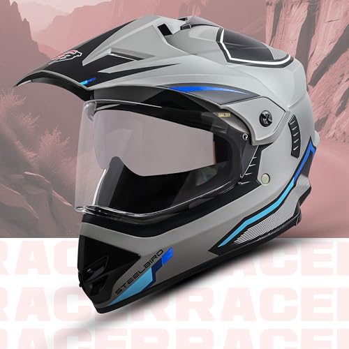 Steelbird Racer Off Road ISI Certified Motocross Double Visor Full Face Graphic Helmet Outer Clear Visor And Inner Silver Sun Shield (Large 600 MM, Glossy Titanium Grey Blue),Motorcycling - Image 5