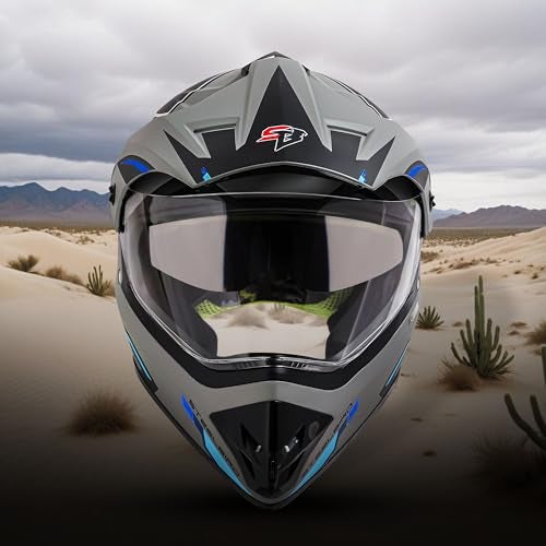Steelbird Racer Off Road ISI Certified Motocross Double Visor Full Face Graphic Helmet Outer Clear Visor And Inner Silver Sun Shield (Large 600 MM, Glossy Titanium Grey Blue),Motorcycling - Image 4