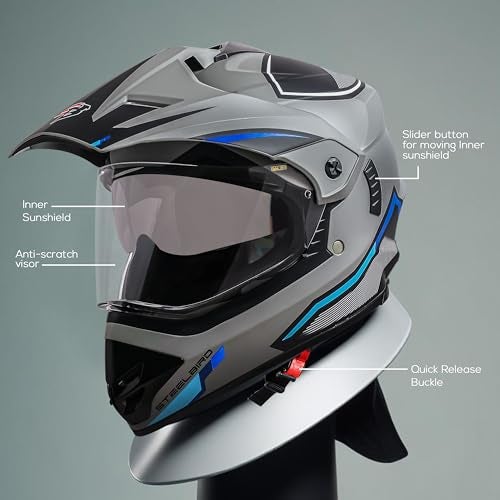 Steelbird Racer Off Road ISI Certified Motocross Double Visor Full Face Graphic Helmet Outer Clear Visor And Inner Silver Sun Shield (Large 600 MM, Glossy Titanium Grey Blue),Motorcycling - Image 3
