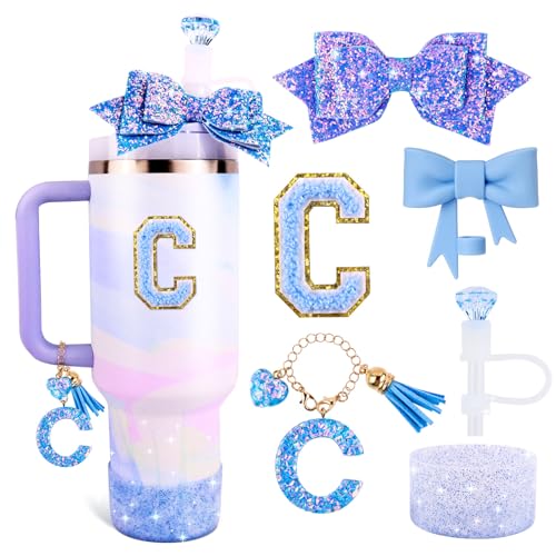 Lingdeer Blue Cup Accessories Set for Stanley 30OZ & 40OZ Tumbler with Handle, Letter Charms, Bow & Diamond Straw Covers, Glitter Silicone Boot, Personalized Sticker for Stanley Cup Accessories (C) - Image 1