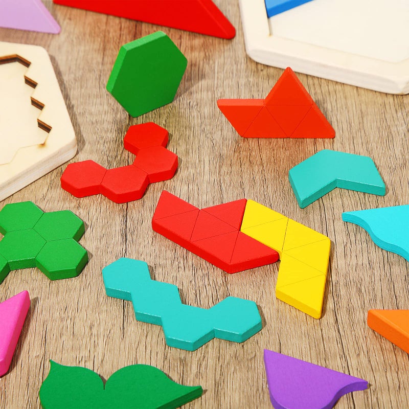 Jerify 5 Pack Wooden Tangram Puzzle for Kids Wooden Hexagon Puzzle Block Teaser Geometric Shapes Tangram Games for Jigsaw 3D Logic IQ Game Gift(Geometry) - Image 5