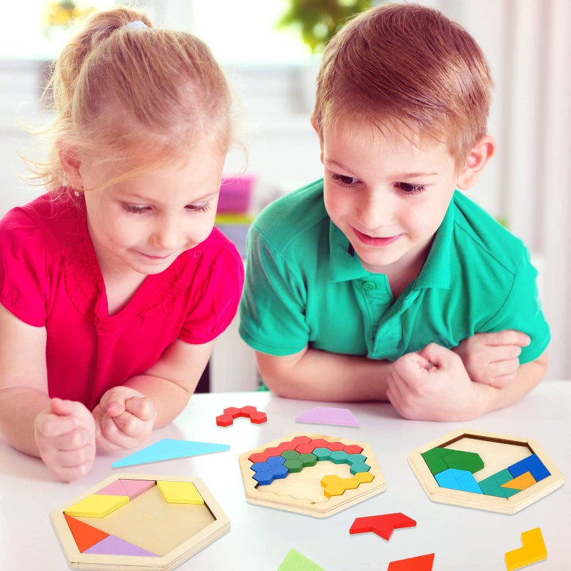 Jerify 5 Pack Wooden Tangram Puzzle for Kids Wooden Hexagon Puzzle Block Teaser Geometric Shapes Tangram Games for Jigsaw 3D Logic IQ Game Gift(Geometry) - Image 3