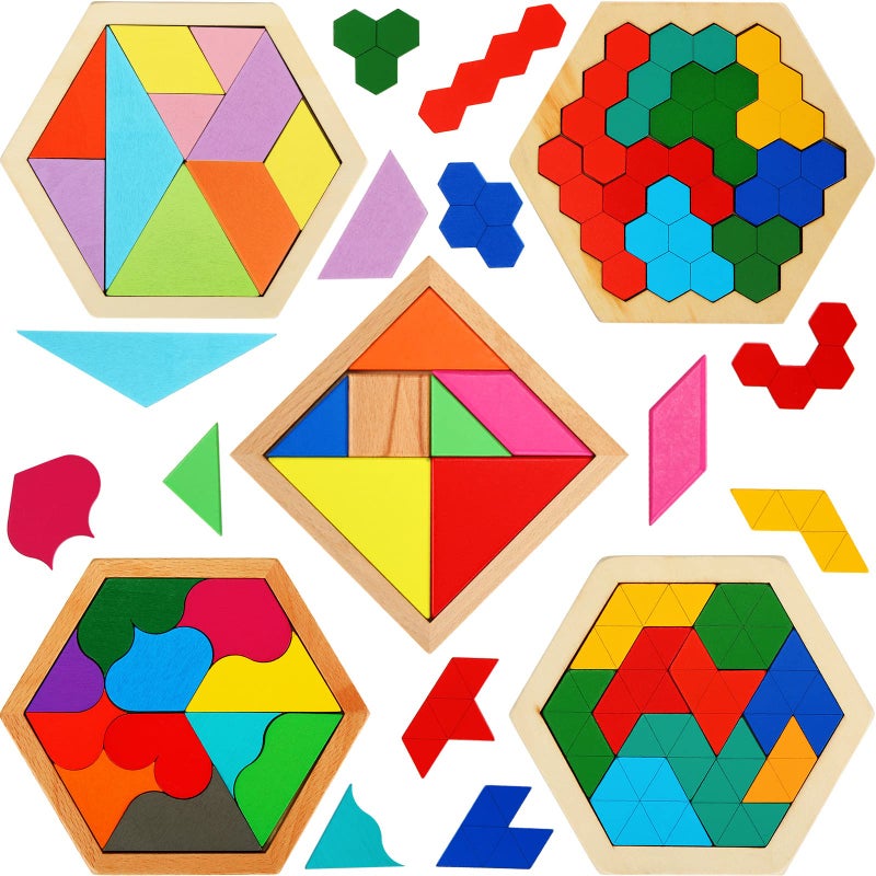 Jerify 5 Pack Wooden Tangram Puzzle for Kids Wooden Hexagon Puzzle Block Teaser Geometric Shapes Tangram Games for Jigsaw 3D Logic IQ Game Gift(Geometry) - Image 1