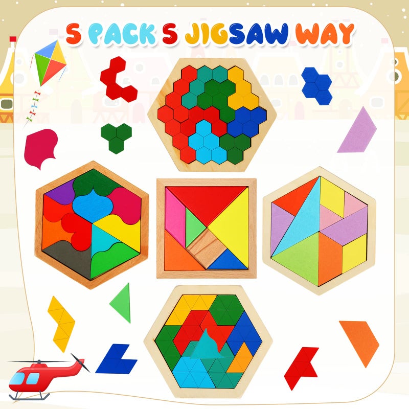 Jerify 5 Pack Wooden Tangram Puzzle for Kids Wooden Hexagon Puzzle Block Teaser Geometric Shapes Tangram Games for Jigsaw 3D Logic IQ Game Gift(Geometry) - Image 2