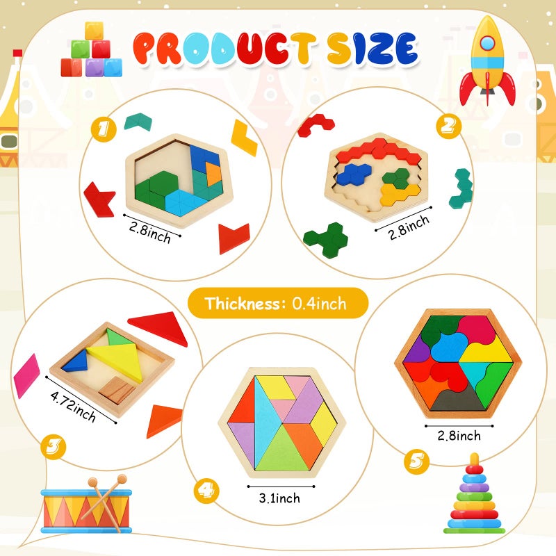 Jerify 5 Pack Wooden Tangram Puzzle for Kids Wooden Hexagon Puzzle Block Teaser Geometric Shapes Tangram Games for Jigsaw 3D Logic IQ Game Gift(Geometry) - Image 4