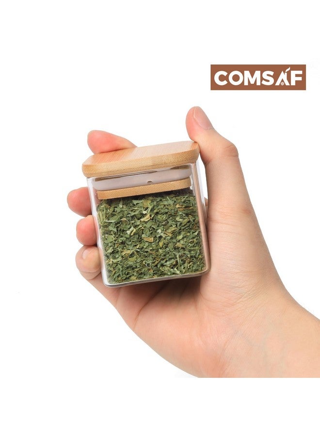 ComSaf جرار توابل زجاجية من كومساف 16 قطعة مع غطاء من الخيزران، حاويات توابل مربعة محكمة الإغلاق سعة 4 أونصات مع 275 ملصق أسود، جرار توابل فارغة للملح والسكر والتوابل - Image 2