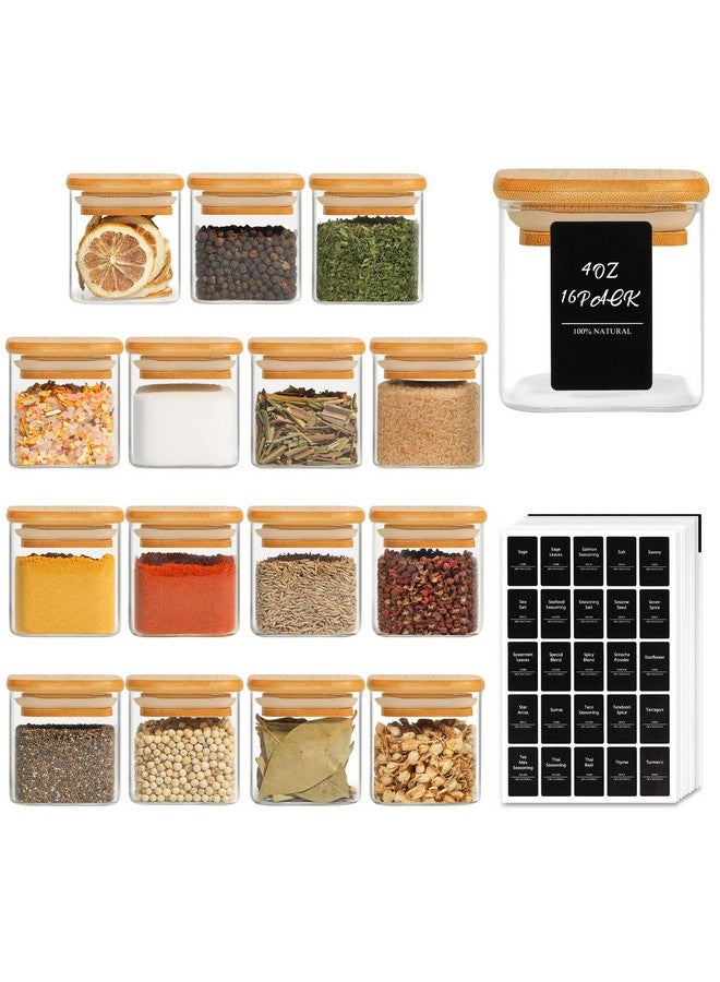 ComSaf جرار توابل زجاجية من كومساف 16 قطعة مع غطاء من الخيزران، حاويات توابل مربعة محكمة الإغلاق سعة 4 أونصات مع 275 ملصق أسود، جرار توابل فارغة للملح والسكر والتوابل - Image 1