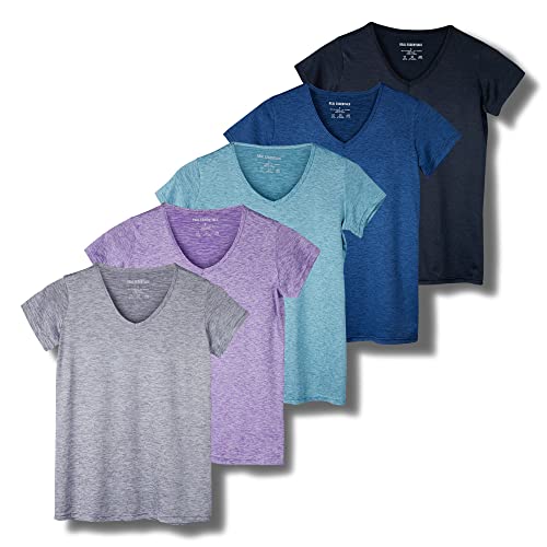 REALESSENTIALS Real Essentials 5 Pack: Women's Dry Fit Short Sleeve V Neck Workout Top - Fitness Pilates Gym Athletic Yoga T-Shirt (Plus Available), Set 1, L - Image 1