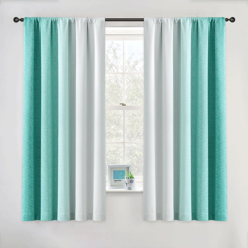 Geomoroccan Ombre 100 Blackout Curtains 63 Inch Length 2 Panels for Bedroom Teal White Gradient Patterned Room Darkening Noise Reducing Thermal Insulated Rod Pocket Window Treatment Drapes