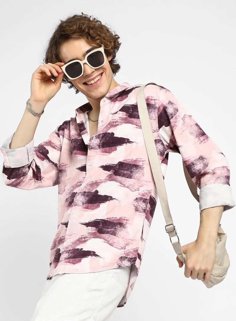 Campus Sutra Men's Wine Red & Baby Pink Brush Strokes Shirt