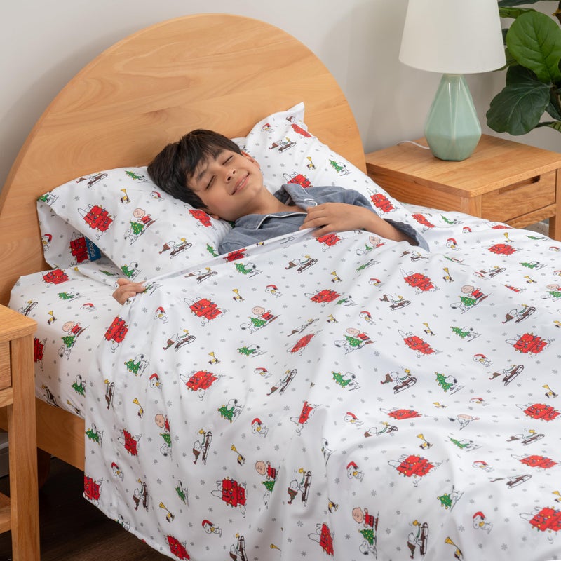 Berkshire Blanket Berkshire Blanket Peanuts Kids Sheet Set Full Size - 4 Pieces Cute Character Snoopy Printed Soft Microfiber Bed Sheets Holiday Helpers Sheet White  - Image 2