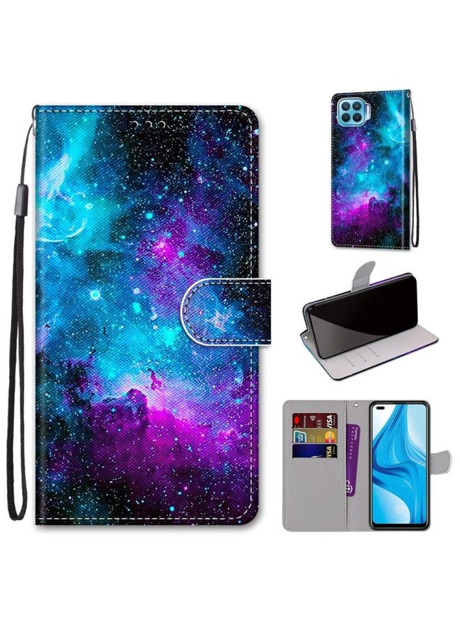 HuHa Case Cover For OPPO F17 Pro / A93 4G / Reno4 Lite / Reno4 F Coloured Drawing Cross Texture Horizontal Flip PU Leather Case with Holder & Card Slots & Wallet & Lanyard Purple Green Starry Sky 