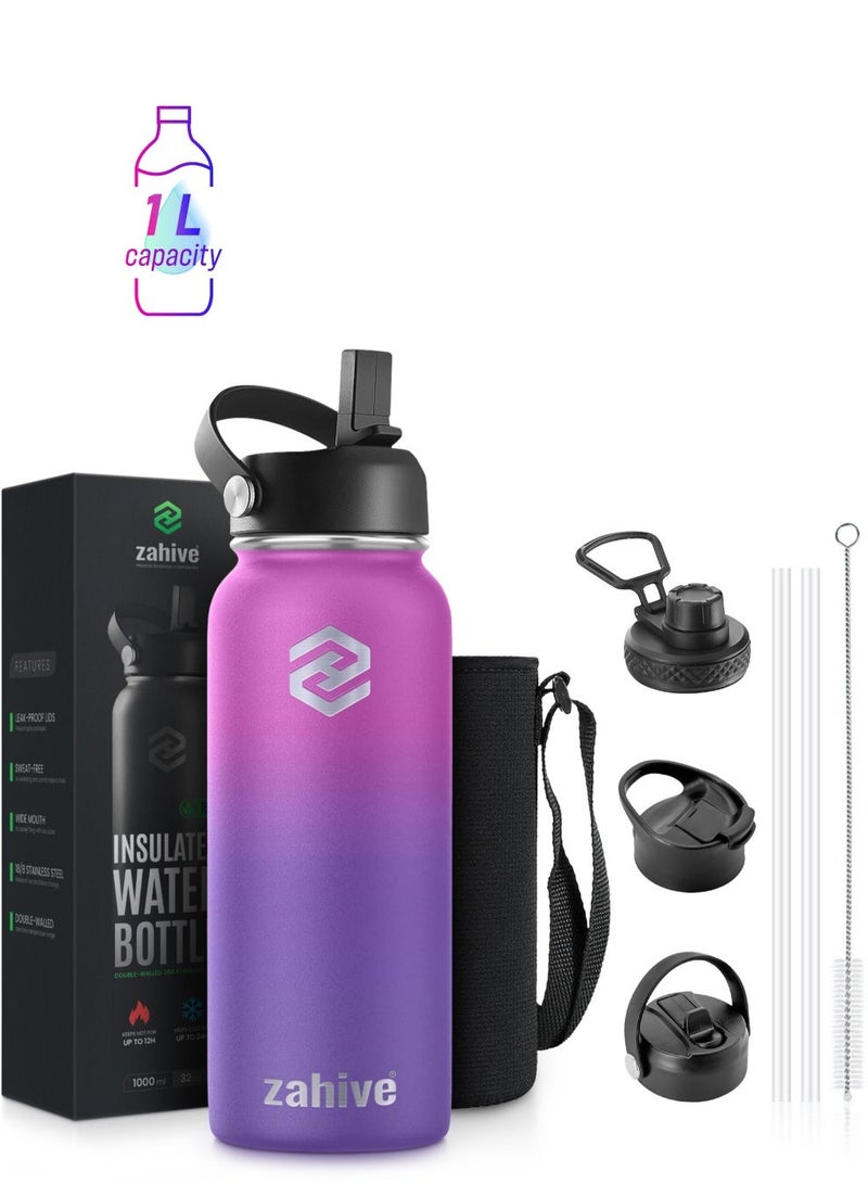 Zahive Insulated Stainless Steel Water Bottle with Straw with 3 Lids and Bag 1000 ml, Double Wall Thermos for Hot and Cold Drinks for Gym and Work, Wide Mouth, Leak Proof, 2 Bottles - Image 2