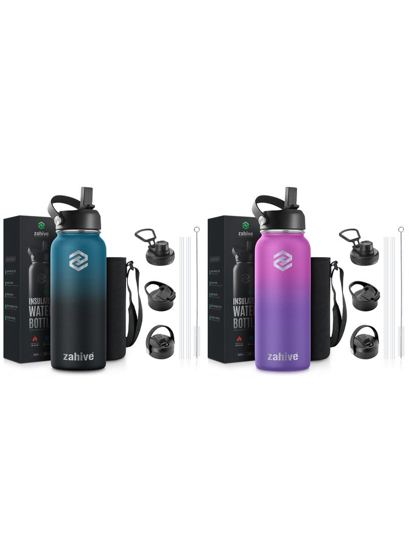 Zahive Insulated Stainless Steel Water Bottle with Straw with 3 Lids and Bag 1000 ml, Double Wall Thermos for Hot and Cold Drinks for Gym and Work, Wide Mouth, Leak Proof, 2 Bottles - Image 1