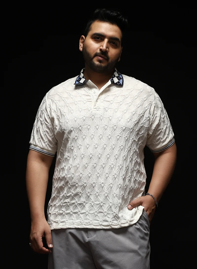 Instafab Plus Instafab Plus Men's White Block Argyle-Knit Polo T-Shirt | Jacquard Polo Neck , Short Sleeves , Half-Button Closure , Straight Hemline | Colourblock Textured Polyester Blend For Office & Casual Wear