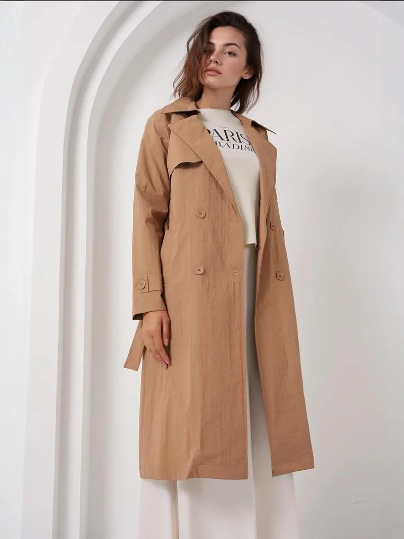 بيغ دارت معطف ترنش طويل مزدوج الصدر مع جيوب