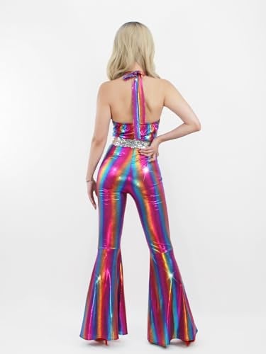 Nawgut Disco Outfit 70s 80s Prom Sparkle Flare Jumpsuit Party Costume Halloween Cosplay For Adult Women-Small - Image 4