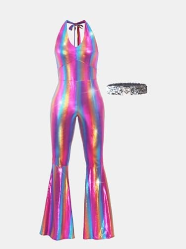Nawgut Disco Outfit 70s 80s Prom Sparkle Flare Jumpsuit Party Costume Halloween Cosplay For Adult Women-Small - Image 2