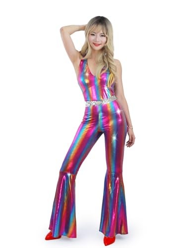 Nawgut Disco Outfit 70s 80s Prom Sparkle Flare Jumpsuit Party Costume Halloween Cosplay For Adult Women-Small - Image 1
