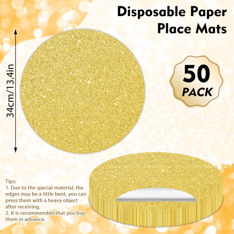 73Hours 50PCS Gold Paper Placemats Disposable 13.4 Inch Shiny Golden Place Mats Round Decorative Glitter Table Mats for Birthday Wedding Holiday Party Supplies Sparkle Dining Tableware - Image 2