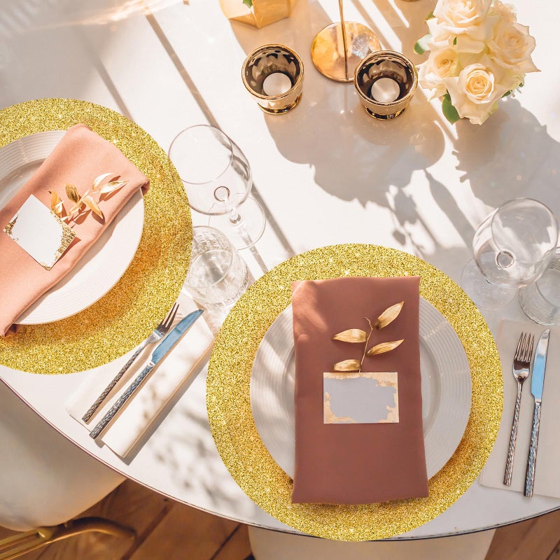 73Hours 50PCS Gold Paper Placemats Disposable 13.4 Inch Shiny Golden Place Mats Round Decorative Glitter Table Mats for Birthday Wedding Holiday Party Supplies Sparkle Dining Tableware - Image 5
