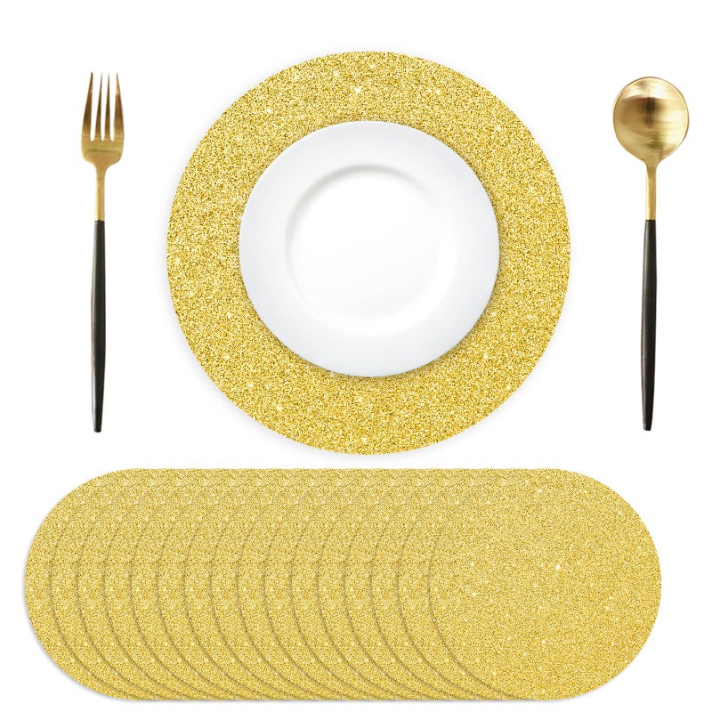 73Hours 50PCS Gold Paper Placemats Disposable 13.4 Inch Shiny Golden Place Mats Round Decorative Glitter Table Mats for Birthday Wedding Holiday Party Supplies Sparkle Dining Tableware - Image 1