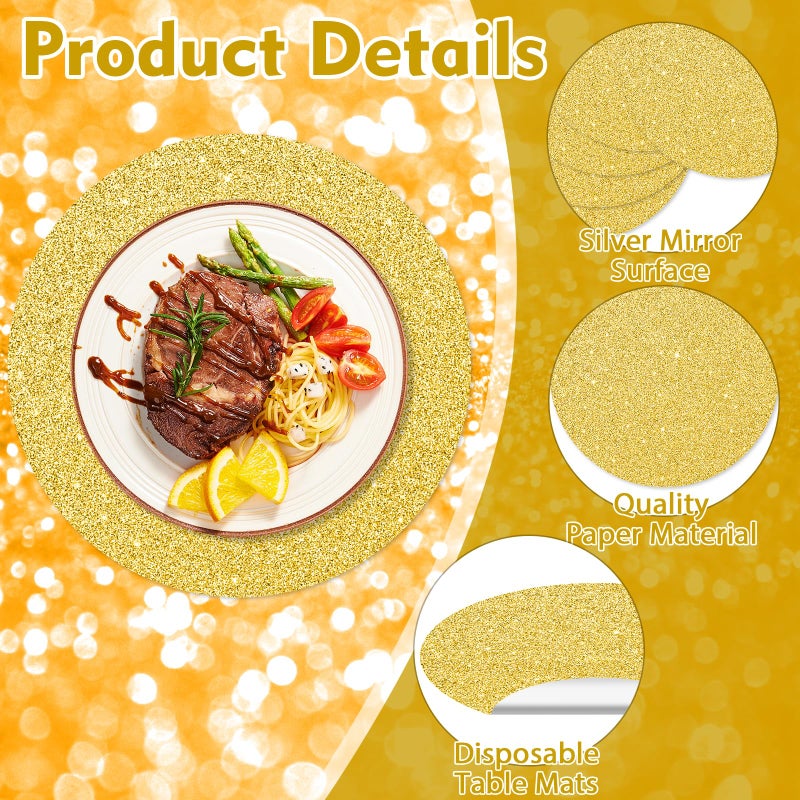 73Hours 50PCS Gold Paper Placemats Disposable 13.4 Inch Shiny Golden Place Mats Round Decorative Glitter Table Mats for Birthday Wedding Holiday Party Supplies Sparkle Dining Tableware - Image 3