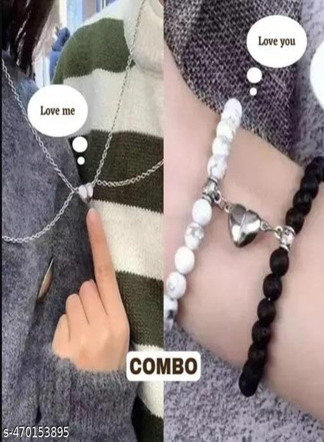 BEAUTIVIA Combo Heart Charm Chain Bracelet and Necklace Set Magnetic Couple - Image 2