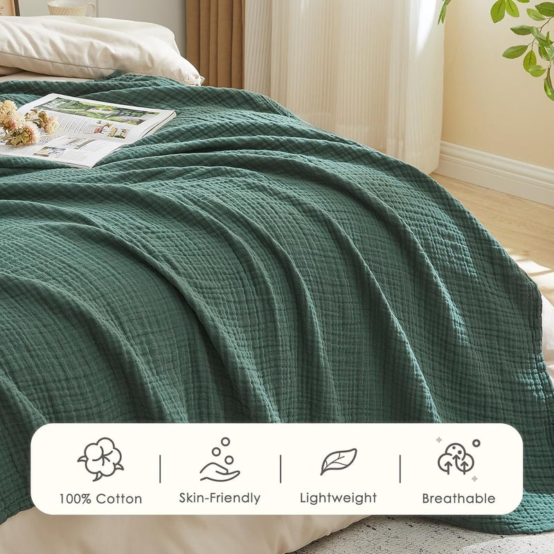 EMME Muslin Blanket for Adults 100% Cotton, 127 x 177 cm Forest Green Summer Throw Blankets for Couch, Breathable Gauze Blanket All Seasons, Soft and Lightweight Pre-Washed Cotton Blanket - Image 4