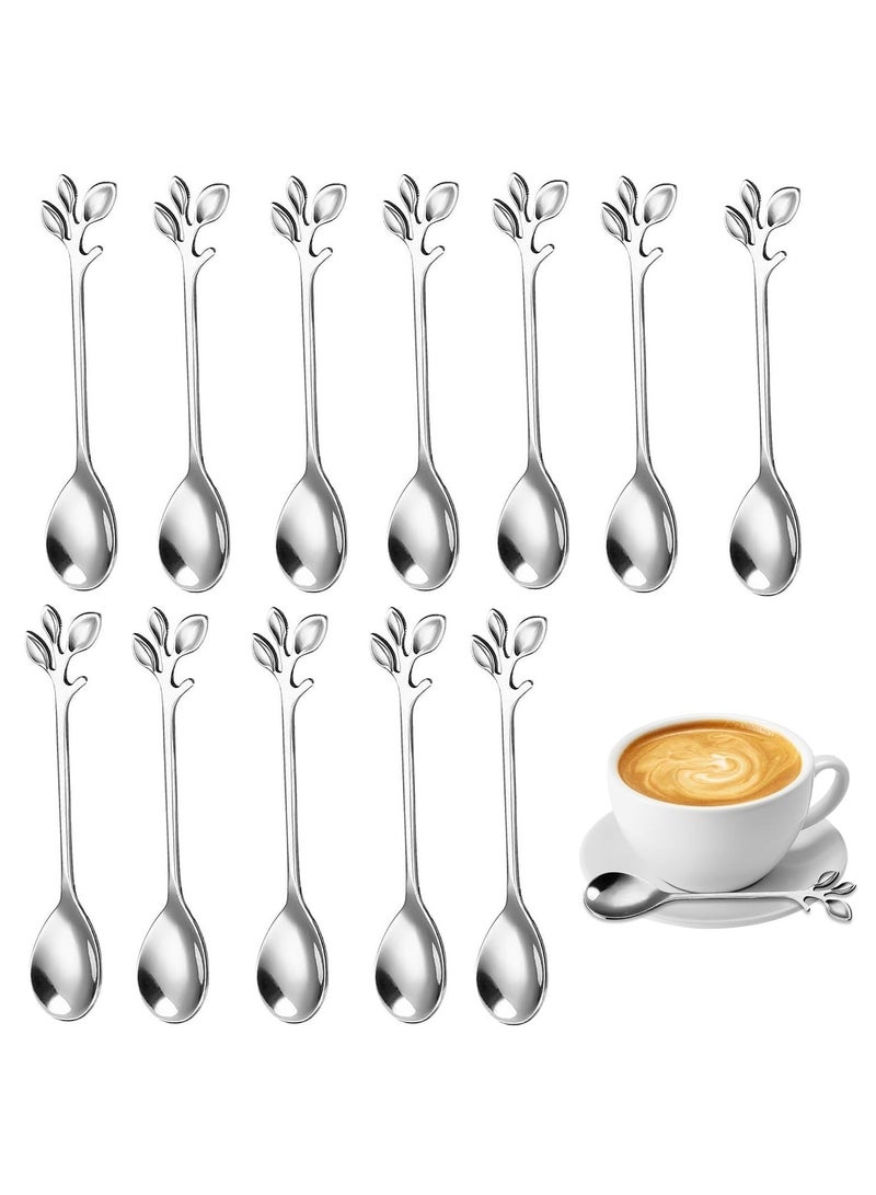 RATSAW 12 PCS Elegant Silver Leaf Coffee Spoons 4.9" Mini Stainless Steel Espresso and Dessert Tea Spoons Creative Leaf Tableware Dessert Spoon for Stirring Mixing Sugar Ice Cream Cake Coffee Tea - Image 1