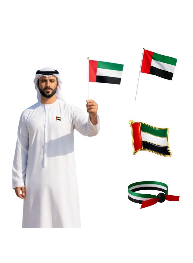 PRINTSHOP4ME UAE Celebration Bundle | Flag Pin Wristband Scarf Set | Event Accessories Kit | Multi Item Combo (Basic Bundle, 1 Hand Flag + 1 Lapel Pin + 1 Wristband) - Image 1