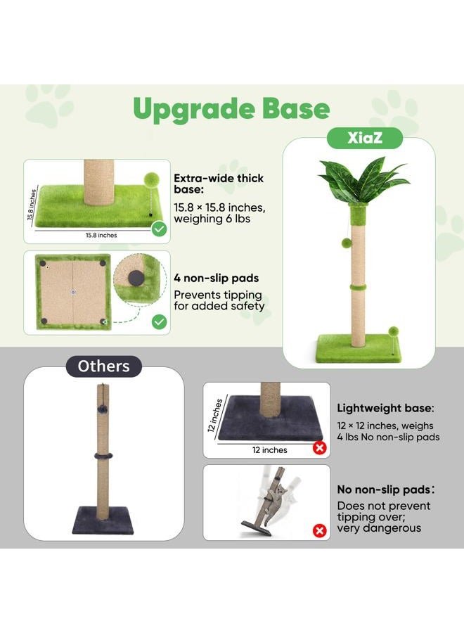 XiaZ Cat Scratching Post 34'' Tall, Cat Scratchers Tree Tower for Indoor Kitty with Extra Wide 15.8" Stable Base and 2 Toy Balls, Natural Sisal & Plush Fabric for Small, Medium Cats (Green, 2.8in) - Image 2