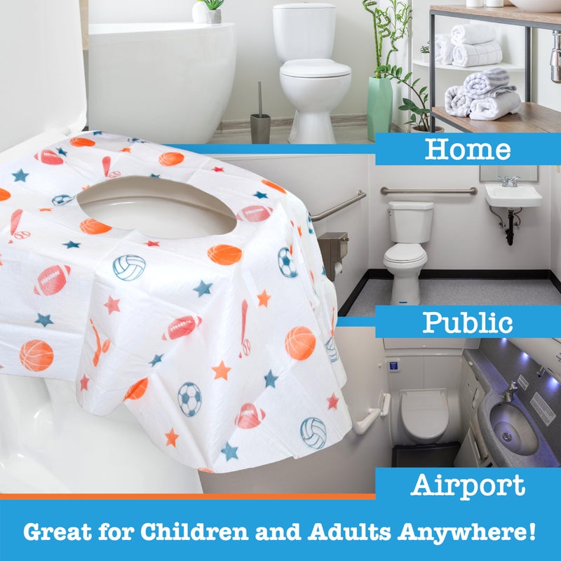 Potty Shields أغطية مقاعد المرحاض القابلة للتصرف (20 عبوة، رياضية) - غطاء مرحاض XL مقاوم للماء للأطفال، والكبار - محمول ومغلف بشكل فردي للسفر، وتدريب الحمام، والحمامات العامة - Image 2