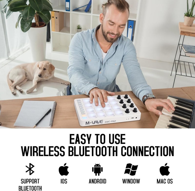 Wireless MIDI Controller Pads Controller, Bluetooth Portable USB MIDI Controller with 16 MPC Drum Pads, 8 Assignable Knobs, Note Repeat, Full Level ons, Rechargeable, Live Lite Recording Software - Image 4