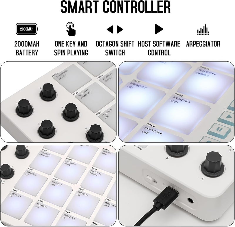Wireless MIDI Controller Pads Controller, Bluetooth Portable USB MIDI Controller with 16 MPC Drum Pads, 8 Assignable Knobs, Note Repeat, Full Level ons, Rechargeable, Live Lite Recording Software - Image 5