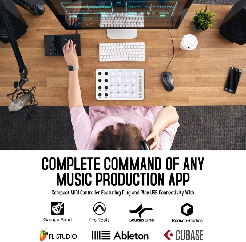 Wireless MIDI Controller Pads Controller, Bluetooth Portable USB MIDI Controller with 16 MPC Drum Pads, 8 Assignable Knobs, Note Repeat, Full Level ons, Rechargeable, Live Lite Recording Software - Image 2