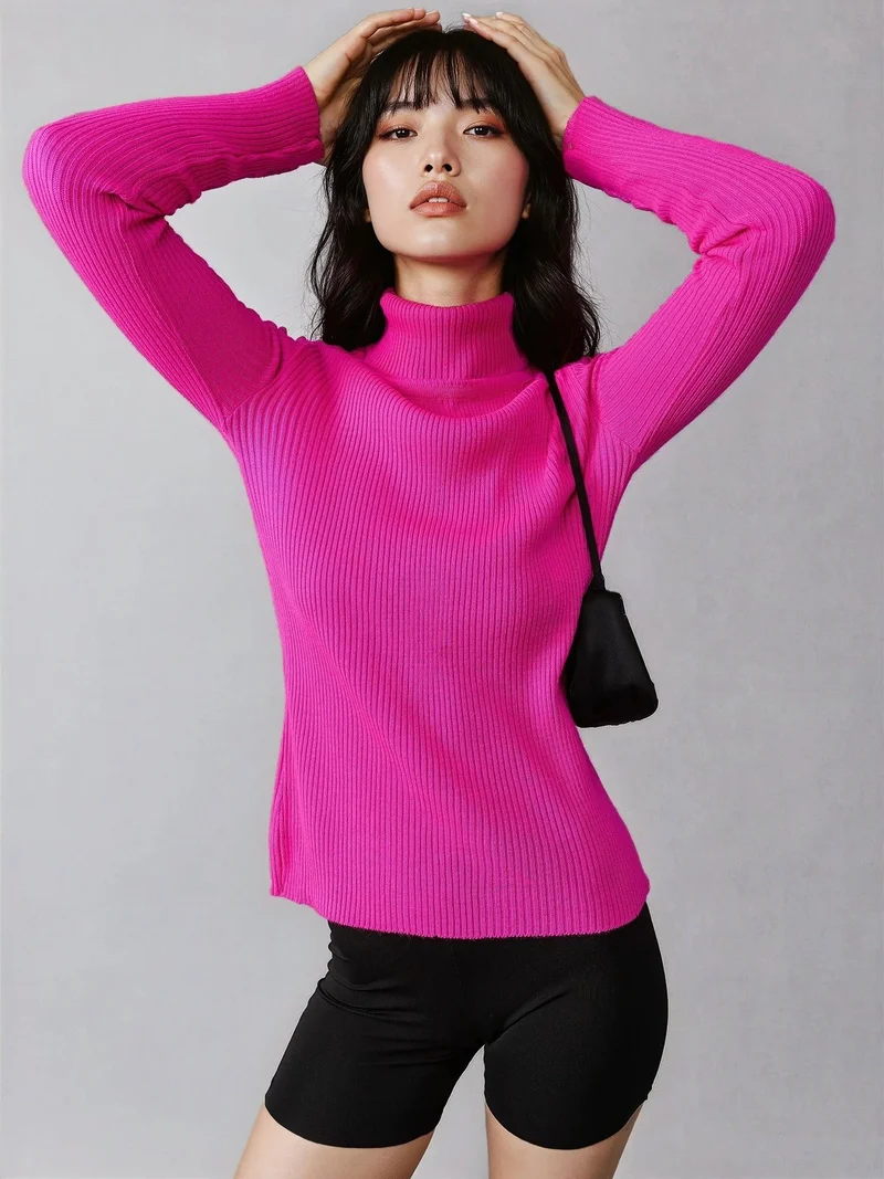 My Fashion Magenta Pink MY FASHION Fitted Textured Turtleneck Sweater for Women | Best Price UAE
